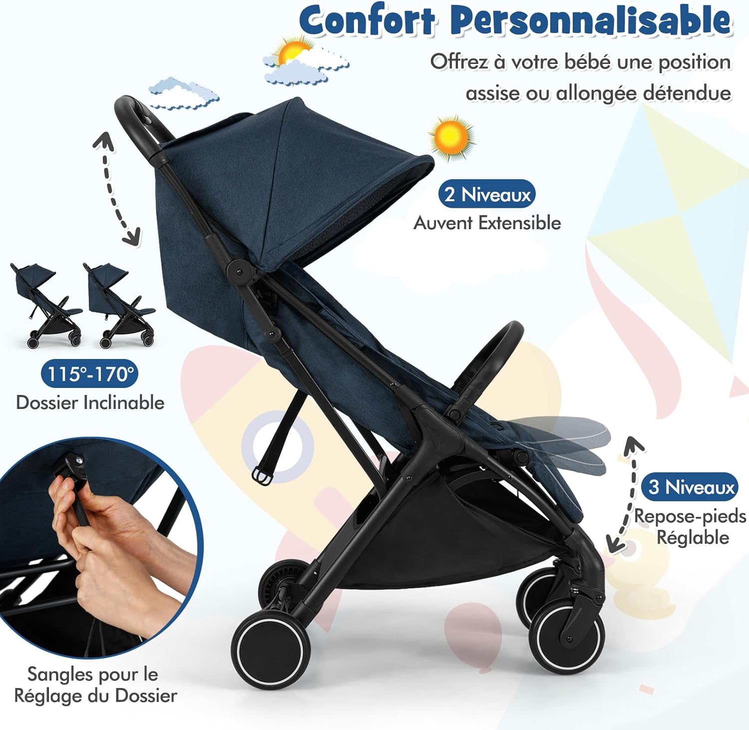 **COSTWAY Poussette Canne Bébé – Légère & Pliable, Bleu** – Image 3