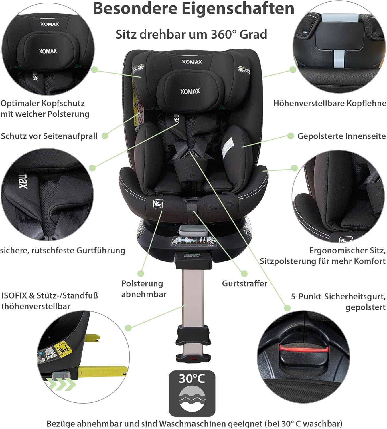 XOMAX G409 – Siège auto évolutif 0-36 kg – Groupe 0+/1/2/3 – Rotatif 360° – Noir – Image 9