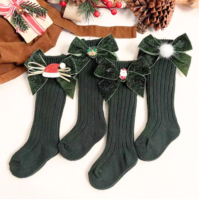 Chaussettes De Noël Hautes Vertes Avec Nœud Pailleté – Image 2